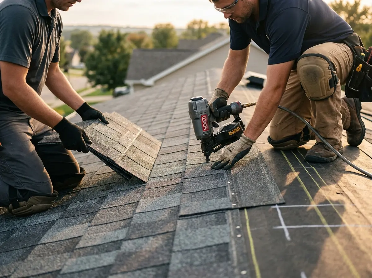 Professional roofer working on a residential roof in Green